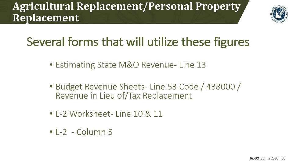 Agricultural Replacement/Personal Property Replacement IASBO Spring 2020 | 30 