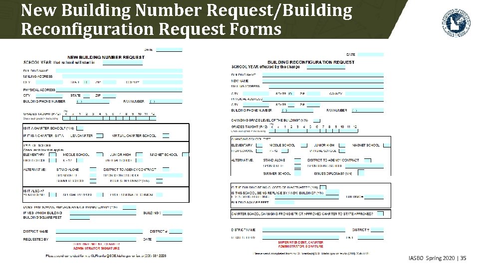 New Building Number Request/Building Reconfiguration Request Forms IASBO Spring 2020 | 35 