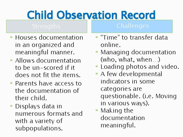 Child Observation Record Challenges Strengths Houses documentation in an organized and meaningful manner. Allows