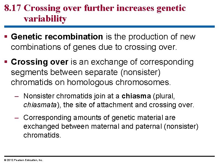 8. 17 Crossing over further increases genetic variability § Genetic recombination is the production