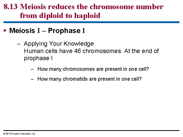 8. 13 Meiosis reduces the chromosome number from diploid to haploid § Meiosis I