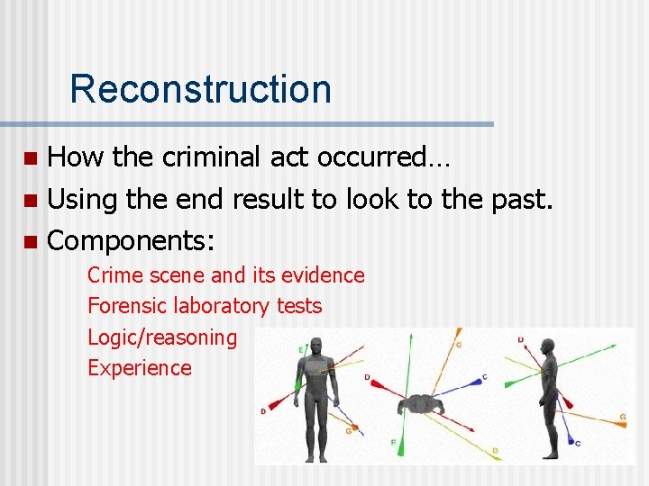 Reconstruction How the criminal act occurred… n Using the end result to look to