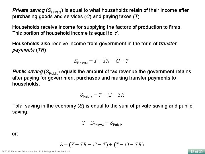 Private saving (SPrivate) is equal to what households retain of their income after purchasing