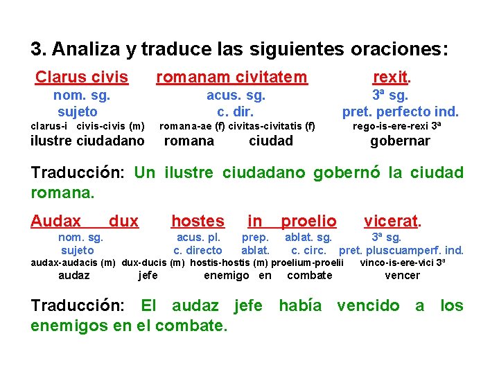 3. Analiza y traduce las siguientes oraciones: Clarus civis romanam civitatem nom. sg. sujeto