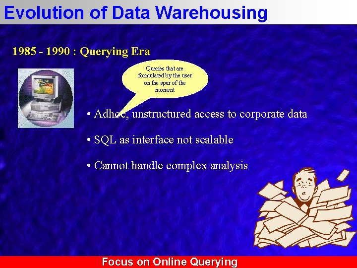 Evolution of Data Warehousing 1985 - 1990 : Querying Era Queries that are formulated