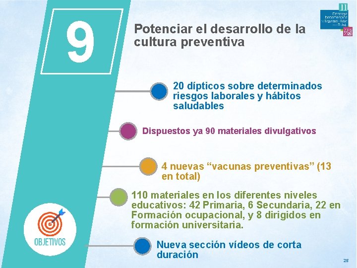 9 Potenciar el desarrollo de la cultura preventiva 20 dípticos sobre determinados riesgos laborales