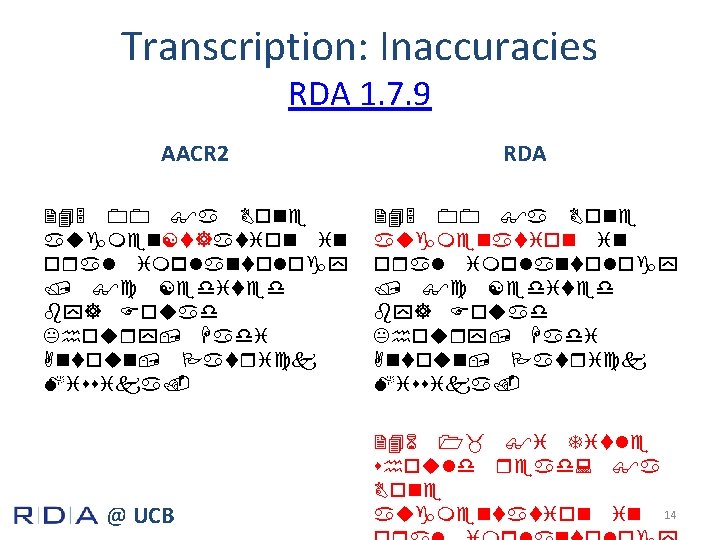 Transcription: Inaccuracies RDA 1. 7. 9 AACR 2 RDA 245 00 $a Bone augmen[t]ation