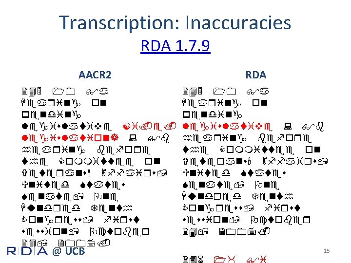 Transcription: Inaccuracies RDA 1. 7. 9 AACR 2 245 10 $a Hearing on pending