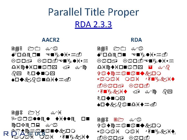 Parallel Title Proper RDA 2. 3. 3 AACR 2 RDA 245 10 $a Modern
