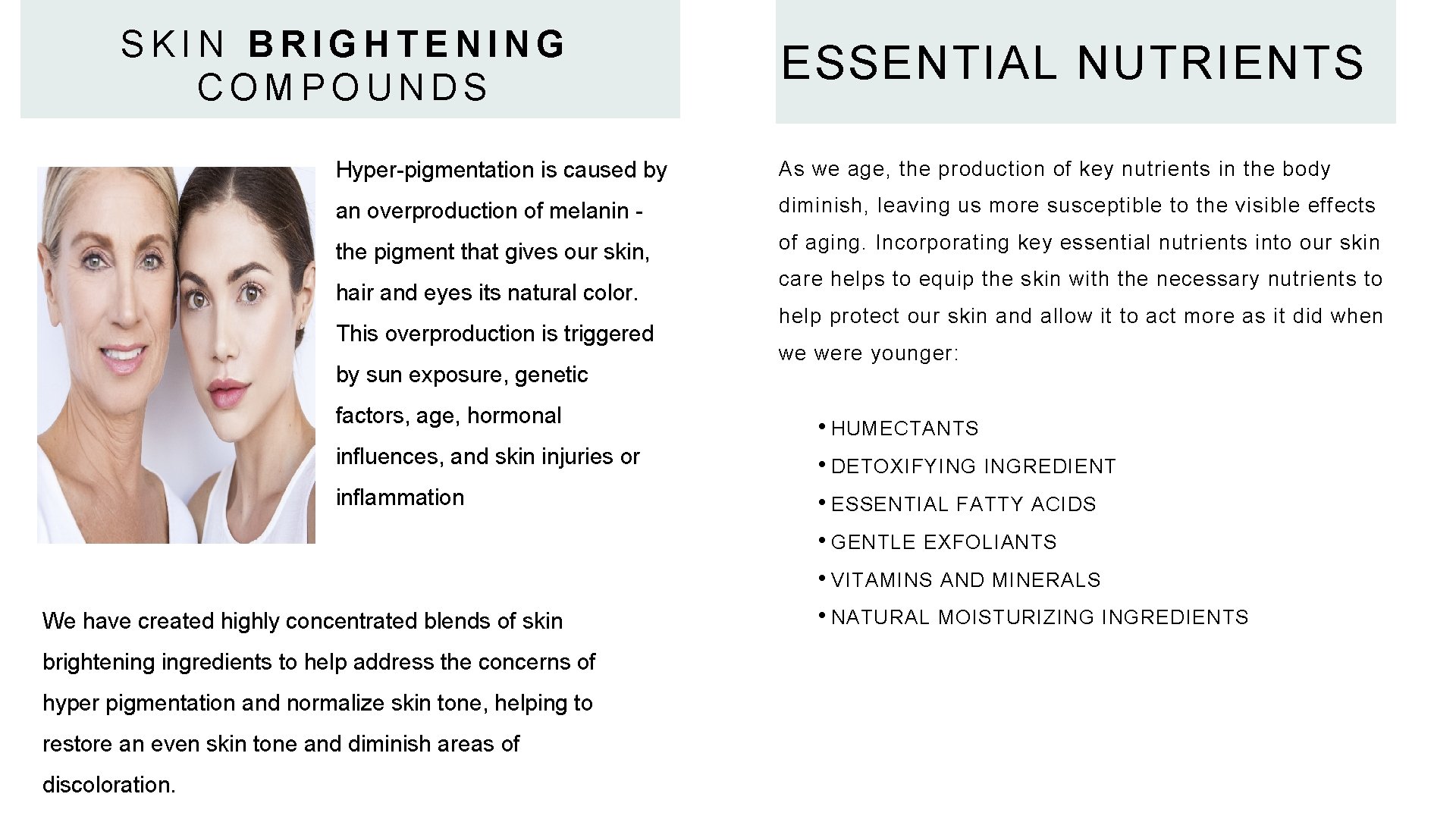 SKIN BRIGHTENING COMPOUNDS Hyper-pigmentation is caused by As we age, the production of key