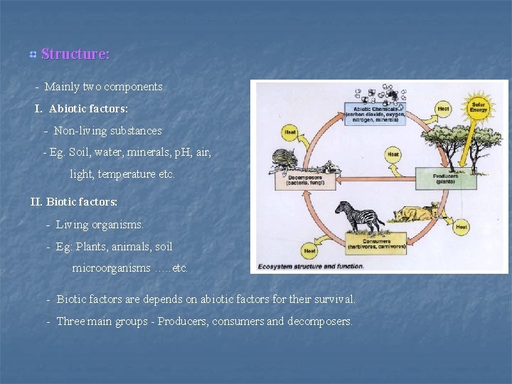 Structure: - Mainly two components I. Abiotic factors: - Non-living substances - Eg. Soil,