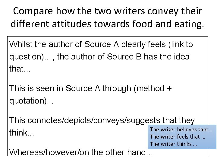 Compare how the two writers convey their different attitudes towards food and eating. Whilst