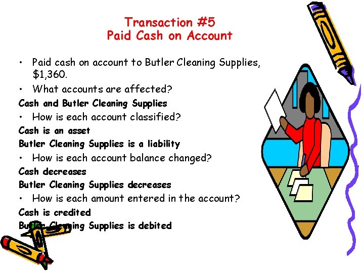 Transaction #5 Paid Cash on Account • Paid cash on account to Butler Cleaning