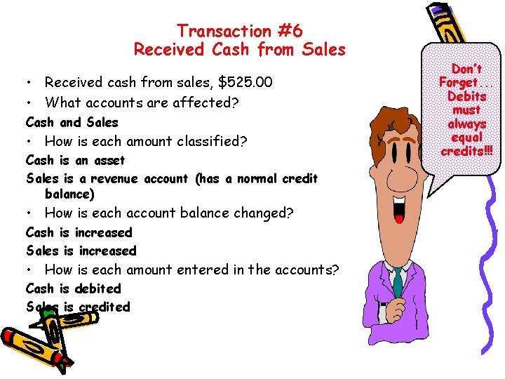 Transaction #6 Received Cash from Sales • Received cash from sales, $525. 00 •