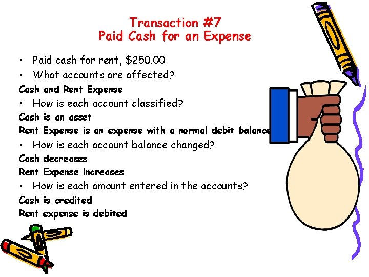 Transaction #7 Paid Cash for an Expense • Paid cash for rent, $250. 00