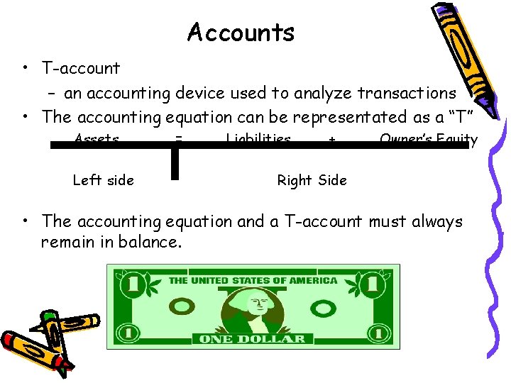 Accounts • T-account – an accounting device used to analyze transactions • The accounting