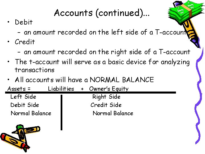 Accounts (continued). . . • Debit – an amount recorded on the left side