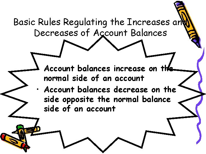 Basic Rules Regulating the Increases and Decreases of Account Balances • Account balances increase