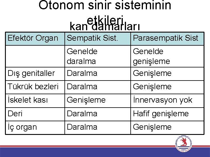 Otonom sinir sisteminin etkileri kan damarları Efektör Organ Sempatik Sist. Parasempatik Sist Dış genitaller