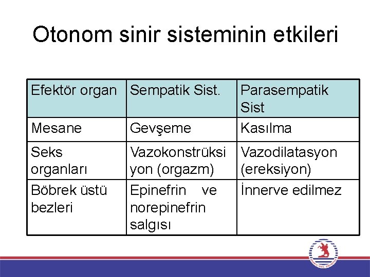 Otonom sinir sisteminin etkileri Efektör organ Sempatik Sist. Parasempatik Sist Kasılma Mesane Gevşeme Seks