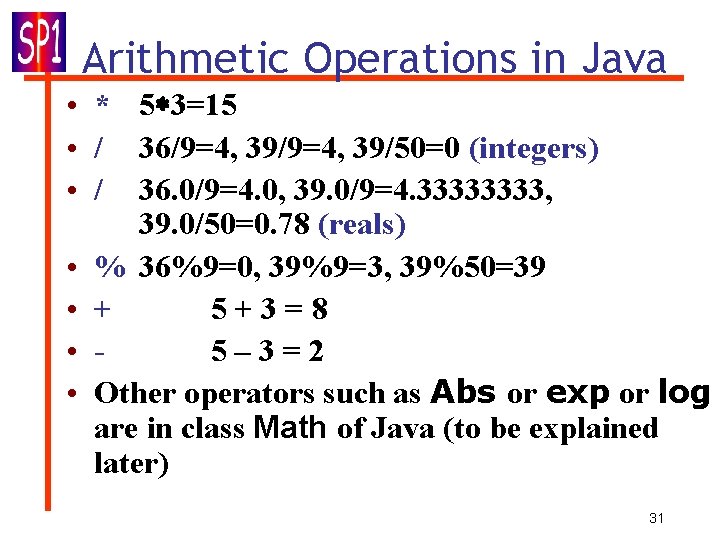 Arithmetic Operations in Java • * 5 3=15 • / 36/9=4, 39/50=0 (integers) • Arithmetic Operations in Java • * 5 3=15 • / 36/9=4, 39/50=0 (integers) •