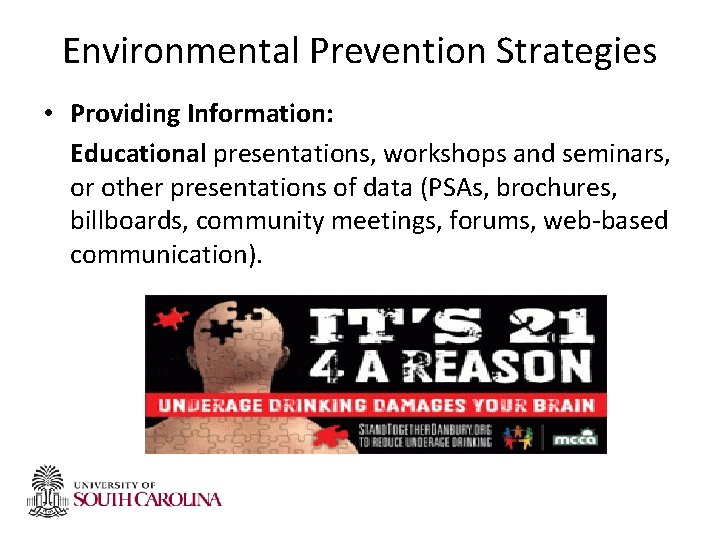 Environmental Prevention Strategies • Providing Information: Educational presentations, workshops and seminars, or other presentations Environmental Prevention Strategies • Providing Information: Educational presentations, workshops and seminars, or other presentations