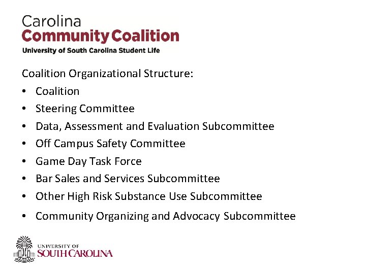 Coalition Organizational Structure: • Coalition • Steering Committee • Data, Assessment and Evaluation Subcommittee Coalition Organizational Structure: • Coalition • Steering Committee • Data, Assessment and Evaluation Subcommittee