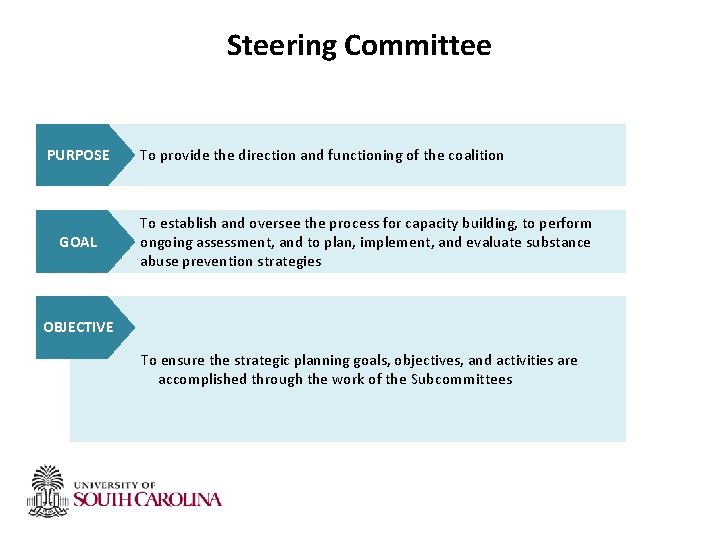 Steering Committee PURPOSE GOAL OBJECTIVE To provide the direction and functioning of the coalition Steering Committee PURPOSE GOAL OBJECTIVE To provide the direction and functioning of the coalition
