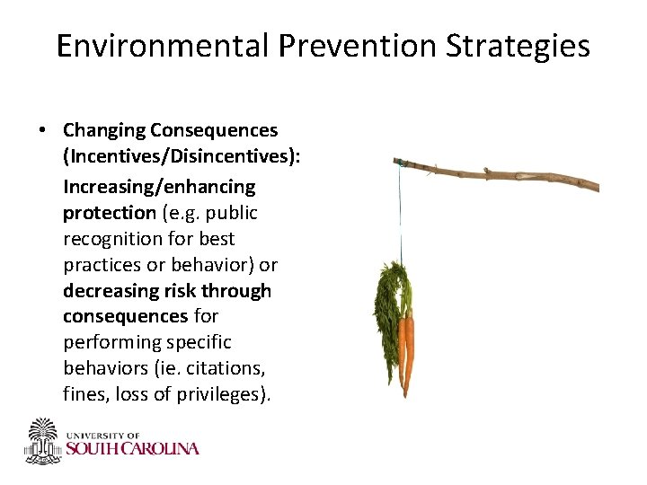 Environmental Prevention Strategies • Changing Consequences (Incentives/Disincentives): Increasing/enhancing protection (e. g. public recognition for Environmental Prevention Strategies • Changing Consequences (Incentives/Disincentives): Increasing/enhancing protection (e. g. public recognition for