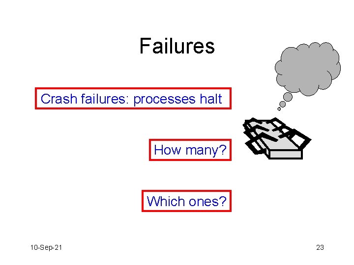 Failures Crash failures: processes halt How many? Which ones? 10 -Sep-21 23 