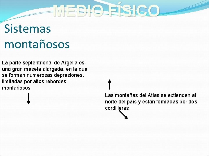 MEDIO FÍSICO Sistemas montañosos La parte septentrional de Argelia es una gran meseta alargada,