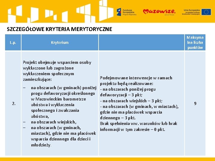 SZCZEGÓŁOWE KRYTERIA MERYTORYCZNE L. p. Kryterium Maksyma lna liczba punktów Projekt obejmuje wsparciem osoby