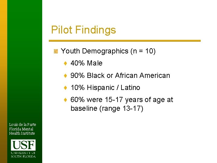 Pilot Findings Youth Demographics (n = 10) ♦ 40% Male ♦ 90% Black or
