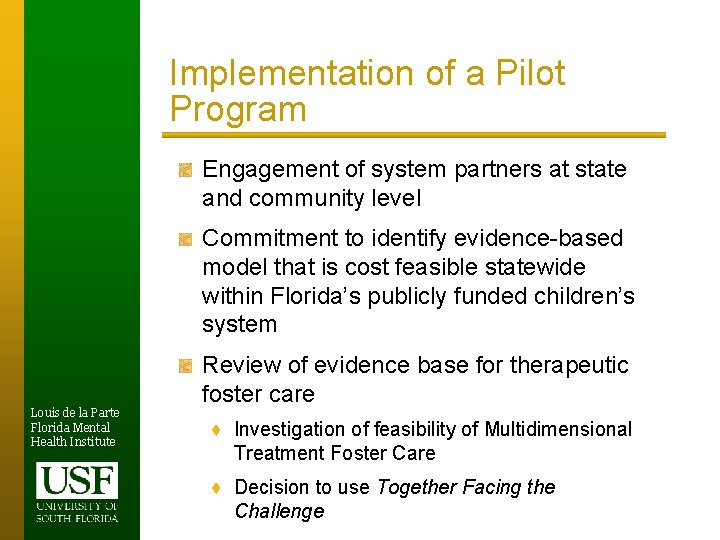 Implementation of a Pilot Program Engagement of system partners at state and community level