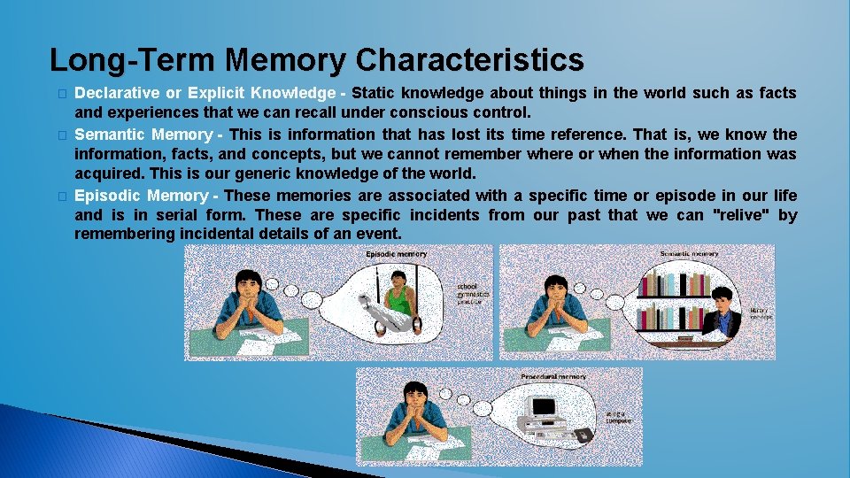 Long-Term Memory Characteristics � � � Declarative or Explicit Knowledge - Static knowledge about Long-Term Memory Characteristics � � � Declarative or Explicit Knowledge - Static knowledge about