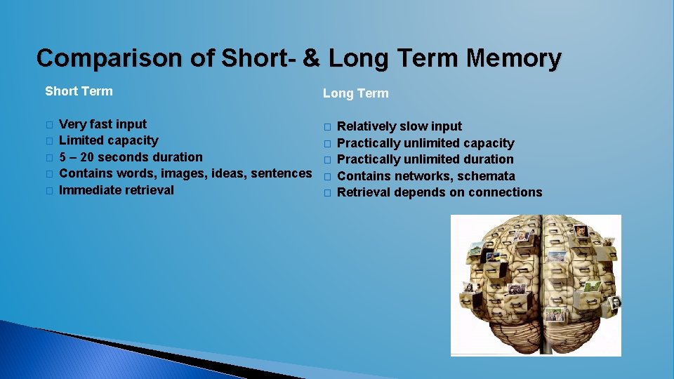 Comparison of Short- & Long Term Memory Short Term � � � Very fast Comparison of Short- & Long Term Memory Short Term � � � Very fast