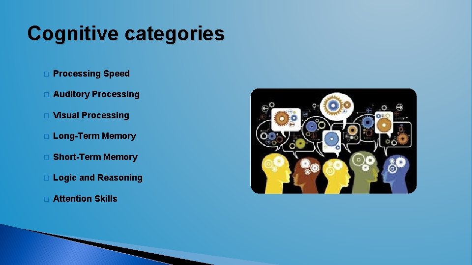 Cognitive categories � Processing Speed � Auditory Processing � Visual Processing � Long-Term Memory Cognitive categories � Processing Speed � Auditory Processing � Visual Processing � Long-Term Memory