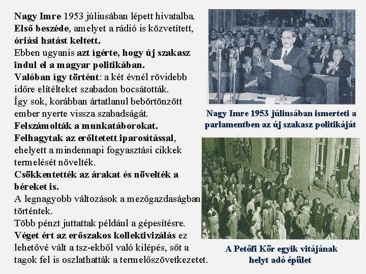 Nagy Imre 1953 júliusában lépett hivatalba. Első beszéde, amelyet a rádió is közvetített, óriási