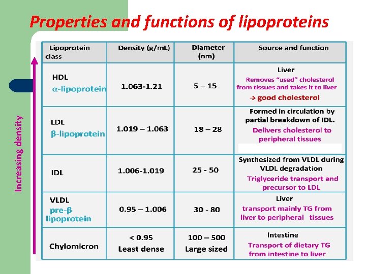 Increasing density Properties and functions of lipoproteins 