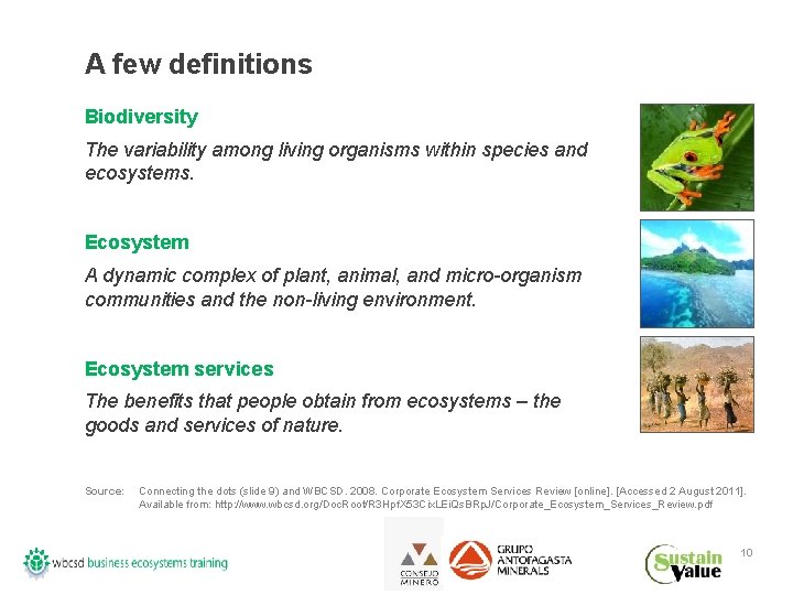 A few definitions Biodiversity The variability among living organisms within species and ecosystems. Ecosystem