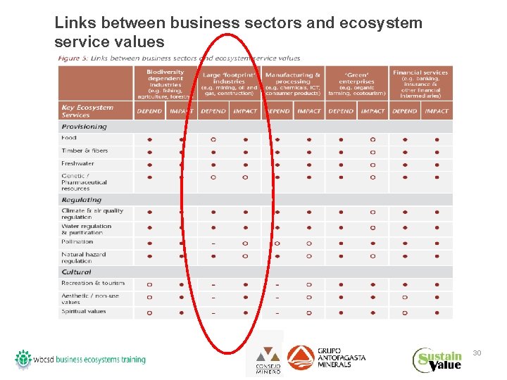 Links between business sectors and ecosystem service values 30 
