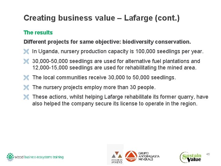 Creating business value – Lafarge (cont. ) The results Different projects for same objective: