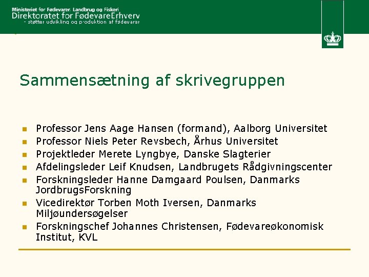 Sammensætning af skrivegruppen n n n Professor Jens Aage Hansen (formand), Aalborg Universitet Professor