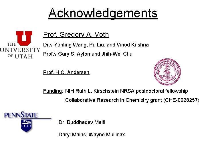 Acknowledgements Prof. Gregory A. Voth Dr. s Yanting Wang, Pu Liu, and Vinod Krishna Acknowledgements Prof. Gregory A. Voth Dr. s Yanting Wang, Pu Liu, and Vinod Krishna