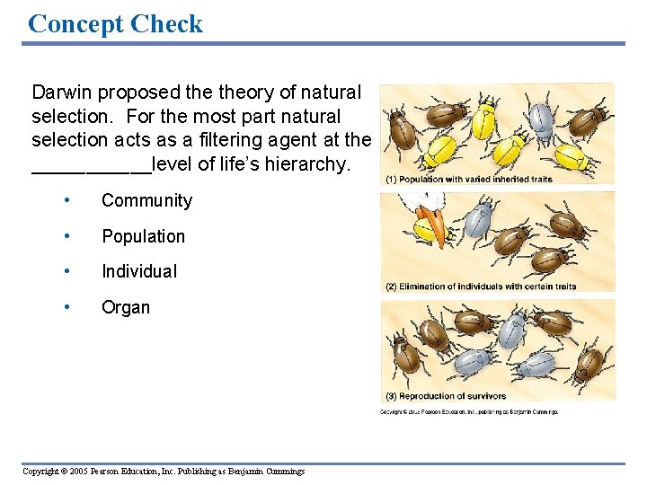 Concept Check Darwin proposed theory of natural selection. For the most part natural selection