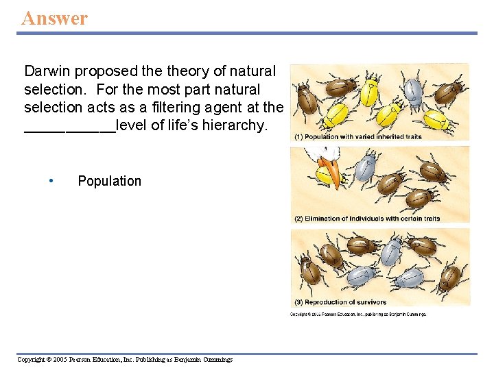 Answer Darwin proposed theory of natural selection. For the most part natural selection acts
