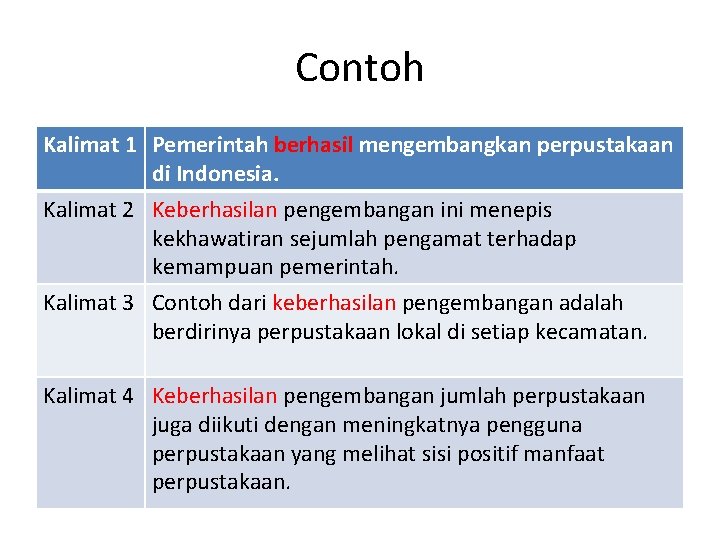 Contoh Kalimat 1 Pemerintah berhasil mengembangkan perpustakaan di Indonesia. Kalimat 2 Keberhasilan pengembangan ini
