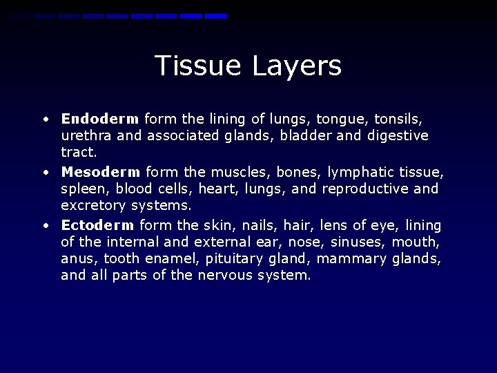 Tissue Layers • Endoderm form the lining of lungs, tongue, tonsils, urethra and associated