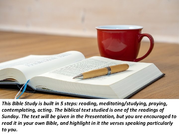 This Bible Study is built in 5 steps: reading, meditating/studying, praying, contemplating, acting. The