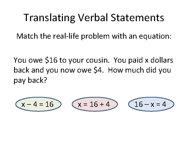 Translating Verbal Statements Match the real-life problem with an equation: You owe $16 to